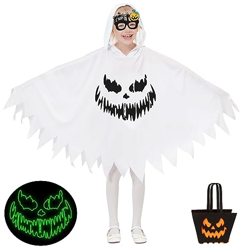 Miulruma Kinderkostüm Geist Umhang Gespenst Weiß Ghost Umhang mit Geistergesicht Gespenster Mantel mit Kappe und Kürbis Tasche, Kniestrümpfe für Mädchen Halloween Fasching Kostüm Party A013S von Miulruma