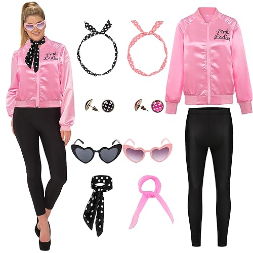 Miulruma Pink Ladies 50er Jahre Outfit Damen Schicke Jacke Kostüm Set für Damen Pink Jacke aus Satin mit Schwarze Leggings Brille Ohrringe Halloween Fasching Kostüm Party A019L von Miulruma