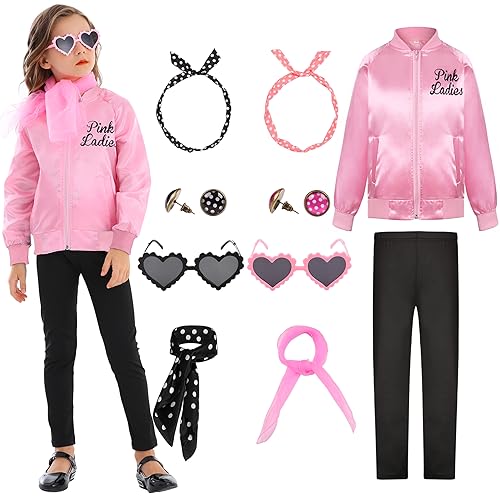 Miulruma Pink Ladies 50er Jahre Outfit Schicke Jacke Kostüm Set für Kinder Mädchen Pink Jacke aus Satin mit Schwarze Leggings Brille Ohrringe Halloween Fasching Kostüm Party A018M von Miulruma