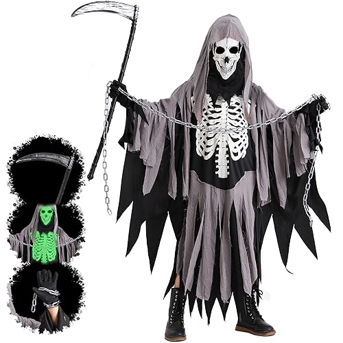 Miulruma Sensenmann Kostüm Kinder Grim Reaper Halloween Kostüme Set mit Taille Kette und Spielzeug Scythe für Jungen Mädchen Karneval Faching Mottoparty Costume Schwarz und Weiß A021M von Miulruma