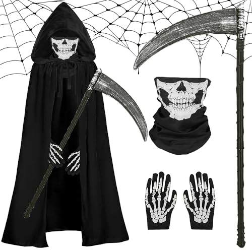 Miulruma Sensenmann Kostüm Kinder Halloween Kostüm Sensemann 4-teiliges Tod Kostüm Set mit Sense Schädelmaske Skelett Handschuhe Umhang mit Kapuze für Halloween Fasching Grim Reaper Kostüm A010M von Miulruma