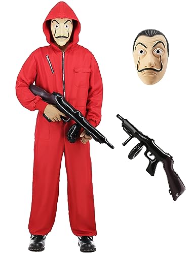 Miulruma Unisex Jumpsuit Set Haus des Geldes Kostüm für Erwachsene mit Dali Salvador Maske, PVC Gewehr, Gamer Kostüm Full Set für Herren Damen Halloween Fasching Party Rot A012S von Miulruma