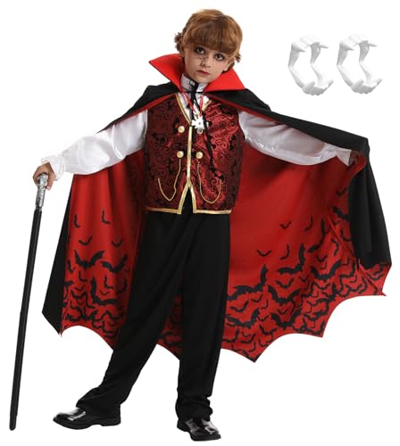 Miulruma Vampir Kostüm Kinder Jungen Halloween Kostüm Verkleidung Deluxe Set mit Umhang Schwarz Kinder-Vampirgebiss Nightglow Tattoo Karneval Mottoparty Dracula Cosplay Party A022D von Miulruma