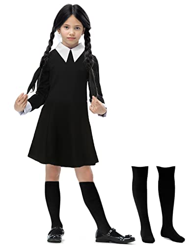 Schwarz Kleid Kostüm Halloween Kinder Mädchen Kostüm Party mit Kniestrümpfe Mittwoch Peter Pan Kragen Ghotic Fasching Karneval Cosplay A007L von Miulruma