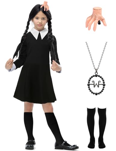 Schwarz Kleid Kostüm Halloween Kinder Mädchen Kostüm Party mit Kniestrümpfe Mittwoch Peter Pan Kragen Ghotic Fasching Karneval Cosplay A007XL von Miulruma