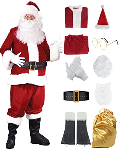 Miulruma Weihnachtsmann Kostüm Santa Claus Nikolauskostüm Weihnachten Samt Anzug mit Nikolausmütze Perücke Bart Gürtel und Handschuhe Deluxe Set Faschingskostüme für Herren Männer Damen A038XXLA von Miulruma