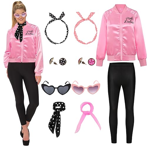 Pink Ladies 50er Jahre Outfit Damen Schicke Jacke Kostüm Set für Damen Pink Jacke aus Satin mit Schwarze Leggings Brille Ohrringe Halloween Fasching Kostüm Party A019XL Pink Ladies 50er Jahre Outfit Damen Schicke Jacke Kostüm Set für Damen Pink Jacke aus Satin mit Schwarze Leggings Brille Ohrringe Halloween Fasching Kostüm Party A019XL von Miulruma