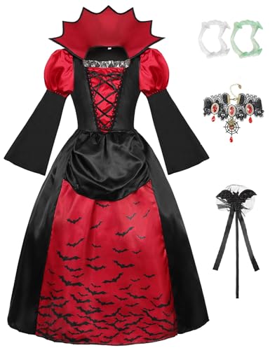 Vampir Kostüm Kinder Mädchen Halloween Prinzessin kostüm Verkleidung Deluxe Set mit Vampir Stab Vampir Zähne Kinder-Vampirgebiss Nightglow Tattoo Karneval Mottoparty Dracula Cosplay Party A023A von Miulruma