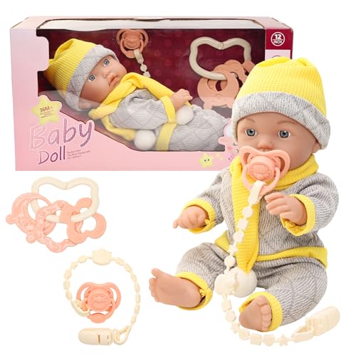 Babypuppe 30 cm Puppe in süßer Puppenkleidung Niedliches Outfit Schal Hut, ohne Haare 12 Zoll Puppen mit Schnuller Spielzeug Zubehör für Kinder ab 3 Jahren von Miunana