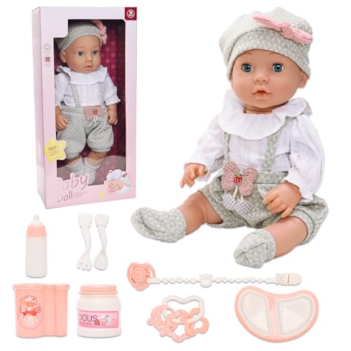 Babypuppe 40 cm Puppe in süßer Puppenkleidung Niedliches Outfit Hut Socken, ohne Haare 16 Zoll Puppen mit Schnuller Besteck Spielzeug Zubehör für Kinder ab 3 Jahren von Miunana