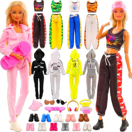 Miunana 16 Puppenkleidung 4 Kleidung 12 Zubehör Schuhe Brillen Skateboard, Puppenzubehör Outfits Kleider für 30 cm Mädchen Puppen von Miunana