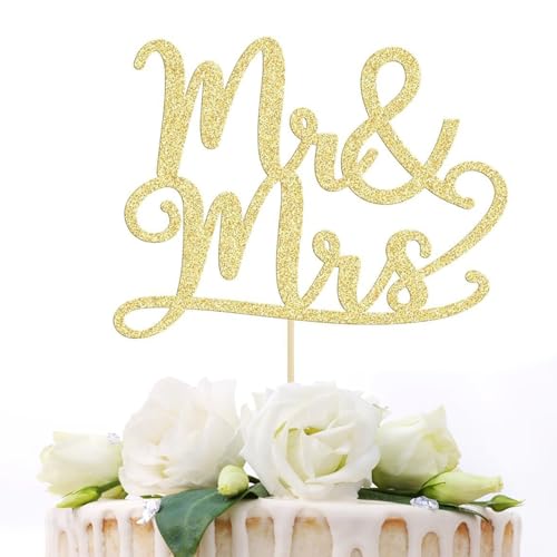 Hochzeitstortenaufsatz, Gold, 1 Stück: Mr and Mrs Tortenaufsatz Glitzer – Hochzeitstortendekorationen von Miunpri