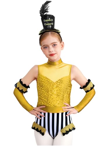 Miutii 3Pcs Mädchen Zirkus Kostüm Zirkusdirektor Uniform Glitzer Body Overall mit Handschuhe Haarreif Pailletten Tanzbody Halloween Karneval Fasching Tanzkostüm Gelb Schwarz 122-128 Miutii 3Pcs Mädchen Zirkus Kostüm Zirkusdirektor Uniform Glitzer Body Overall mit Handschuhe Haarreif Pailletten Tanzbody Halloween Karneval Fasching Tanzkostüm Gelb Schwarz 122-128 von Miutii