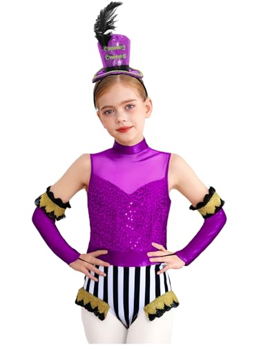 Miutii 3Pcs Mädchen Zirkus Kostüm Zirkusdirektor Uniform Glitzer Body Overall mit Handschuhe Haarreif Pailletten Tanzbody Halloween Karneval Fasching Tanzkostüm Lila 110-116 Miutii 3Pcs Mädchen Zirkus Kostüm Zirkusdirektor Uniform Glitzer Body Overall mit Handschuhe Haarreif Pailletten Tanzbody Halloween Karneval Fasching Tanzkostüm Lila 110-116 von Miutii