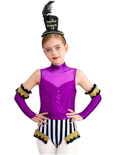 Miutii 3Pcs Mädchen Zirkus Kostüm Zirkusdirektor Uniform Glitzer Body Overall mit Handschuhe Haarreif Pailletten Tanzbody Halloween Karneval Fasching Tanzkostüm Lila Schwarz 134-140 Miutii 3Pcs Mädchen Zirkus Kostüm Zirkusdirektor Uniform Glitzer Body Overall mit Handschuhe Haarreif Pailletten Tanzbody Halloween Karneval Fasching Tanzkostüm Lila Schwarz 134-140 von Miutii