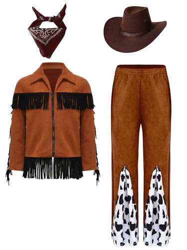 Miutii 4er Set Kinder Cowboy Kostüm Set Wildleder Cowboy Jacke Fransenjacke mit Schlaghose Cowboy Anzug Rollenspiel Karneval Geburtstag Party Outfits Kaffee 110-116 von Miutii