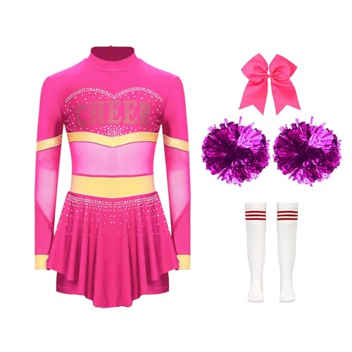 Miutii 4er Set Mädchen Cheer Leader Kostüm Cheerleading Uniform Langarm Kleid mit Pompoms Socken Haarband Halloween Karneval Faschingskostüm A Dunkel Rosa&Weiß 110-116 von Miutii