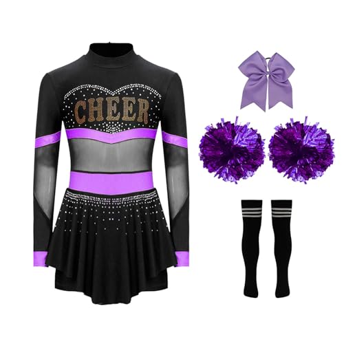 Miutii 4er Set Mädchen Cheer Leader Kostüm Cheerleading Uniform Langarm Kleid mit Pompoms Socken Haarband Halloween Karneval Faschingskostüm A Lila&Schwarz 122-128 von Miutii