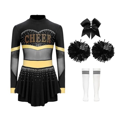 Miutii 4er Set Mädchen Cheer Leader Kostüm Cheerleading Uniform Langarm Kleid mit Pompoms Socken Haarband Halloween Karneval Faschingskostüm A Schwarz&Weiß 122-128 von Miutii