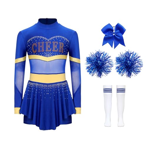 Miutii 4er Set Mädchen Cheer Leader Kostüm Cheerleading Uniform Langarm Kleid mit Pompoms Socken Haarband Halloween Karneval Faschingskostüm B Blau&Weiß 134-140 von Miutii