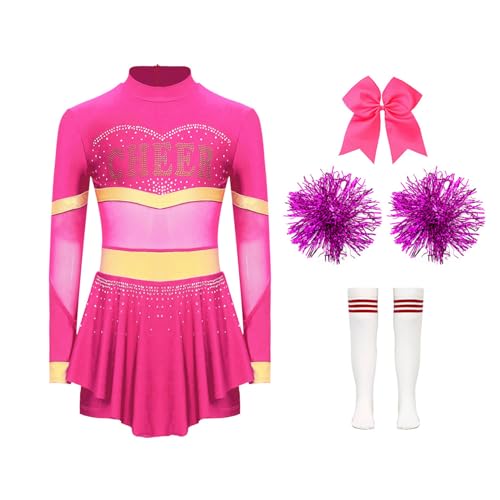 Miutii 4er Set Mädchen Cheer Leader Kostüm Cheerleading Uniform Langarm Kleid mit Pompoms Socken Haarband Halloween Karneval Faschingskostüm B Dunkel Rosa&Weiß 134-140 von Miutii