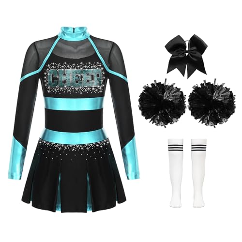 Miutii 4er Set Mädchen Cheer Leader Kostüm Langarm Cheerleading Kleid mit Pompoms Socken Haarband Halloween Karneval Fasching Partykleid A Blau Grün&Weiß 134-140 von Miutii