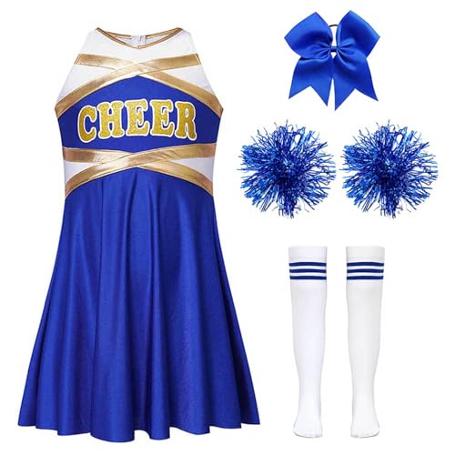 Miutii 4tlg.Kinder Mädchen Cheer Leader Kostüm Cheerleading Kleid mit Pompoms Socken Haarband Halloween Karneval Fasching Tanzkleid B Blau 110-116 von Miutii