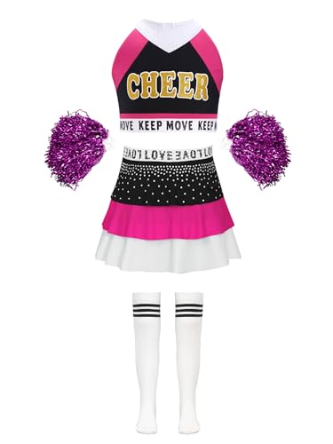 Miutii 4tlg.Mädchen Cheer Leader Kostüm Cheerleading Uniform Crop Tops mit Rock Pompoms Socken Tanzkleid Für Halloween Karneval Fasching Dunkel Rosa 134-140 von Miutii