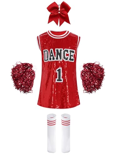 Miutii 4tlg.Mädchen Cheer Leader Kostüm Cheerleading Uniform Pailletten Kleid mit Pompoms Socken Haarband Halloween Karneval Fasching Cheer Tanzkleid Rot 134-140 von Miutii