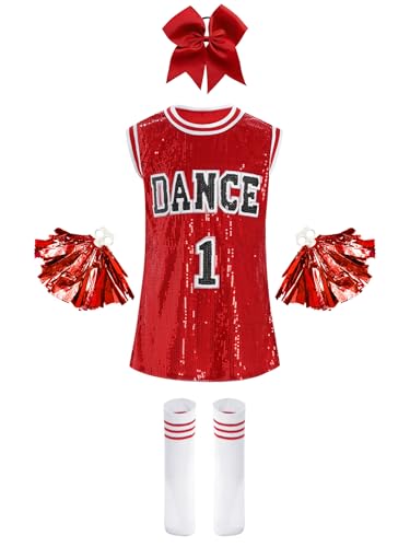 Miutii 4tlg.Mädchen Cheer Leader Kostüm Cheerleading Uniform Pailletten Kleid mit Pompoms Socken Haarband Halloween Karneval Fasching Cheer Tanzkleid Rot&Weiß 110-116 von Miutii