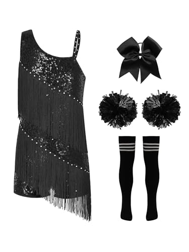 Miutii 4tlg.Mädchen Cheer Leader Kostüm Pailletten Fransen Jumpsuit Overall mit Pompoms Cheerleading Uniform Halloween Karneval Fasching Tanzkleid Schwarz 110-116 von Miutii