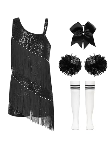 Miutii 4tlg.Mädchen Cheer Leader Kostüm Pailletten Fransen Jumpsuit Overall mit Pompoms Cheerleading Uniform Halloween Karneval Fasching Tanzkleid Schwarz Weiß 110-116 von Miutii