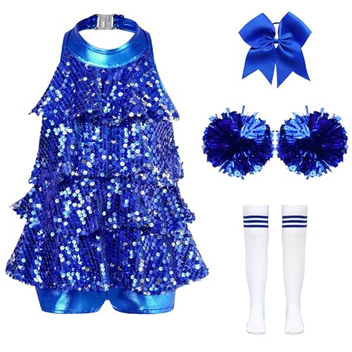 Miutii 4tlg.Mädchen Cheer Leader Kostüm Pailletten Kleid mit Pompoms Socken Haarband Cheerleading Uniform Halloween Karneval Fasching Tanzkleid Royal Blau 122-128 von Miutii