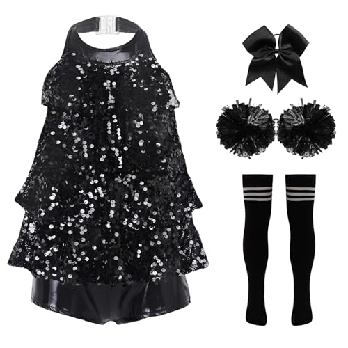 Miutii 4tlg.Mädchen Cheer Leader Kostüm Pailletten Kleid mit Pompoms Socken Haarband Cheerleading Uniform Halloween Karneval Fasching Tanzkleid Schwarz Weiß 134-140 von Miutii