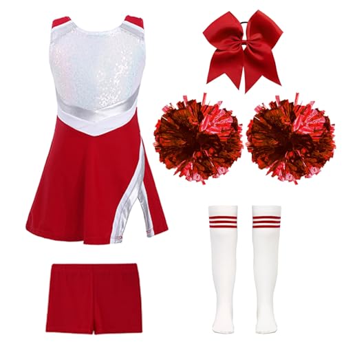 Miutii 5 Stück Mädchen Cheer Leader Kostüm Cheerleading Kleid mit Shorts Pompoms Socken Haarband Cheerleading Uniform Halloween Karneval Fasching A Rot 134-140 von Miutii