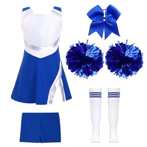 Miutii 5 Stück Mädchen Cheer Leader Kostüm Cheerleading Kleid mit Shorts Pompoms Socken Haarband Cheerleading Uniform Halloween Karneval Fasching A Royal Blau 122-128 von Miutii