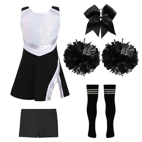 Miutii 5 Stück Mädchen Cheer Leader Kostüm Cheerleading Kleid mit Shorts Pompoms Socken Haarband Cheerleading Uniform Halloween Karneval Fasching A Schwarz&Weiß 146-152 von Miutii