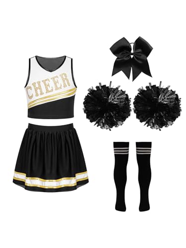 Miutii 5 Stück Mädchen Cheer Leader Kostüm Cheerleading Uniform Crop Tops mit Rock Pompoms Socken Haarband Schule Performance Wettbewerb Tanzkleid E Schwarz&Weiß 110-116 von Miutii