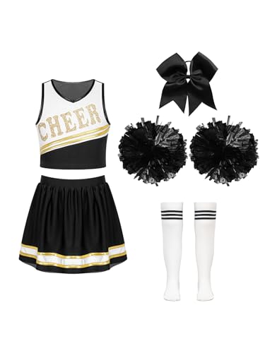 Miutii 5 Stück Mädchen Cheer Leader Kostüm Cheerleading Uniform Crop Tops mit Rock Pompoms Socken Haarband Schule Performance Wettbewerb Tanzkleid E Weiß&Schwarz 146-152 von Miutii