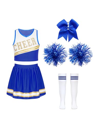 Miutii 5 Stück Mädchen Cheer Leader Kostüm Cheerleading Uniform Crop Tops mit Rock Pompoms Socken Haarband Schule Performance Wettbewerb Tanzkleid Ea Blau 146-152 von Miutii