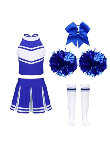 Miutii 5 Stück Mädchen Cheer Leader Kostüm Cheerleading Uniform Crop Tops mit Rock Pompoms Socken Haarband Schule Performance Wettbewerb Tanzkleid F Blau 158-164 von Miutii