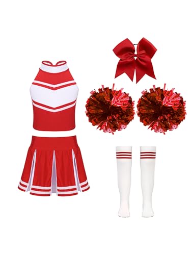 Miutii 5 Stück Mädchen Cheer Leader Kostüm Cheerleading Uniform Crop Tops mit Rock Pompoms Socken Haarband Schule Performance Wettbewerb Tanzkleid F Rot 134-140 von Miutii