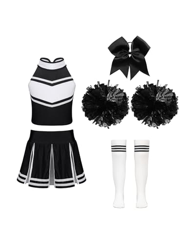 Miutii 5 Stück Mädchen Cheer Leader Kostüm Cheerleading Uniform Crop Tops mit Rock Pompoms Socken Haarband Schule Performance Wettbewerb Tanzkleid F Weiß&Schwarz 110-116 von Miutii