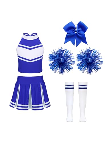 Miutii 5 Stück Mädchen Cheer Leader Kostüm Cheerleading Uniform Crop Tops mit Rock Pompoms Socken Haarband Schule Performance Wettbewerb Tanzkleid Fa Blau 170-176 von Miutii