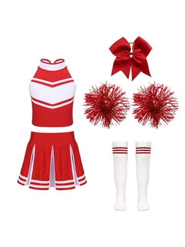 Miutii 5 Stück Mädchen Cheer Leader Kostüm Cheerleading Uniform Crop Tops mit Rock Pompoms Socken Haarband Schule Performance Wettbewerb Tanzkleid Fa Rot 110-116 von Miutii