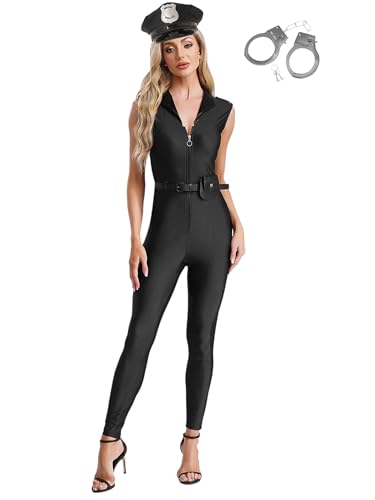 Miutii 5Pcs Damen Polizei Polizistin Kostüm Polizei Uniform Ärmellos Body Overall mit Polizeihut Handschellen Geldbörse Gürtel Karneval Fasching Party Outfits Schwarz 3XL von Miutii