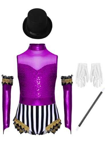 Miutii 5Pcs Mädchen Zirkus Kostüm Zirkusdirektor Uniform Glitzer Body Overall Pailletten Tanzbody Halloween Karneval Fasching Showman Tanzkostüm Lila 134-140 Miutii 5Pcs Mädchen Zirkus Kostüm Zirkusdirektor Uniform Glitzer Body Overall Pailletten Tanzbody Halloween Karneval Fasching Showman Tanzkostüm Lila 134-140 von Miutii