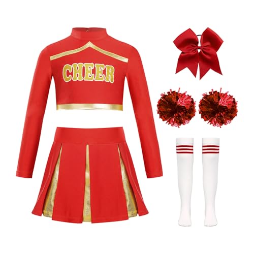 Miutii 5er Set Mädchen Cheer Leader Kostüm Cheerleading Kleid Langarm Crop Tops mit Rock Pompoms Socken Halloween Karneval Faschingskostüm A Rot 146-152 von Miutii