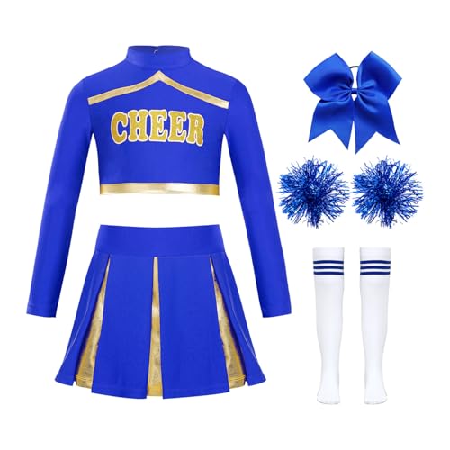 Miutii 5er Set Mädchen Cheer Leader Kostüm Cheerleading Kleid Langarm Crop Tops mit Rock Pompoms Socken Halloween Karneval Faschingskostüm B Blau 110-116 von Miutii