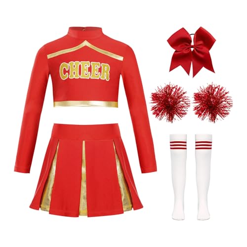 Miutii 5er Set Mädchen Cheer Leader Kostüm Cheerleading Kleid Langarm Crop Tops mit Rock Pompoms Socken Halloween Karneval Faschingskostüm B Rot 158-164 von Miutii